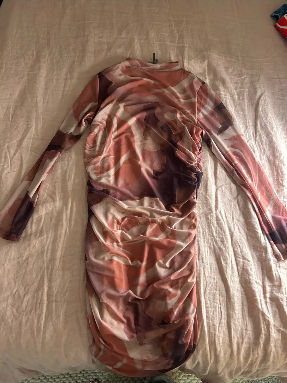Ruched Long-Sleeve Bodycon Dress with Pink Rose